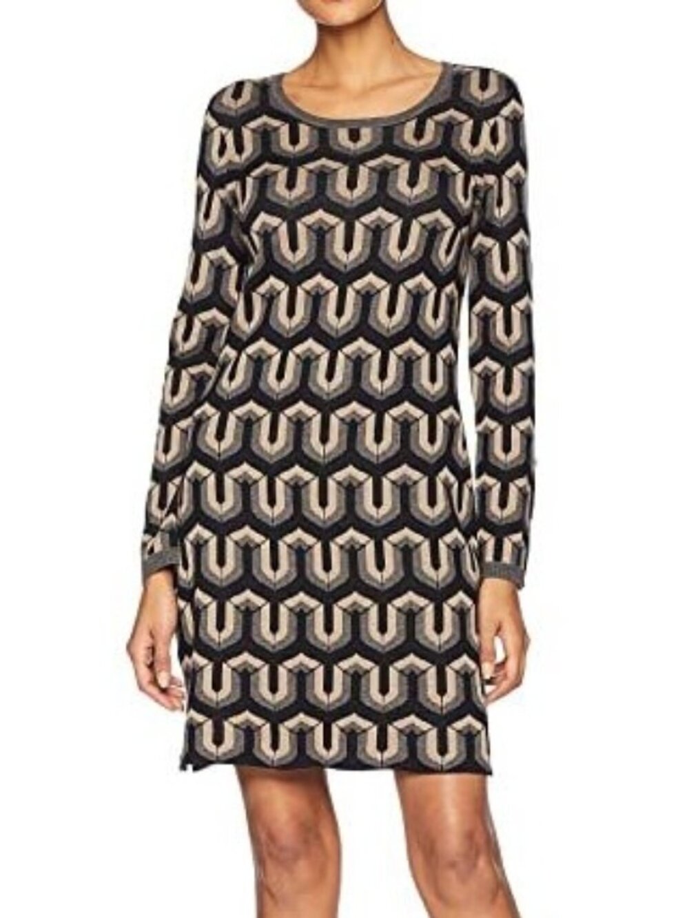 Hatley Abigail Geometric Sweater Dress L Retro Mod Black Gray Tan